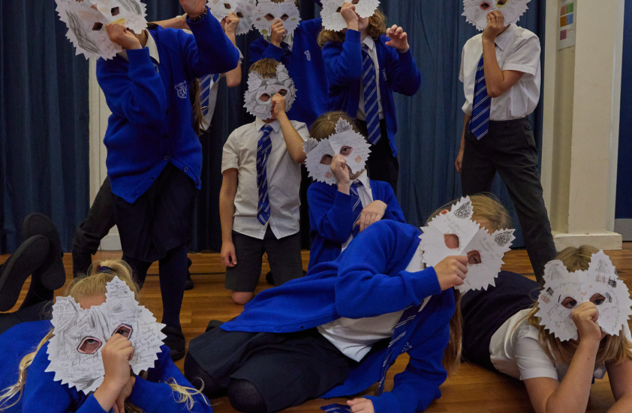 Children wearing their homemade wolf masks from St Mary's Catholic Primary School, Brigg.